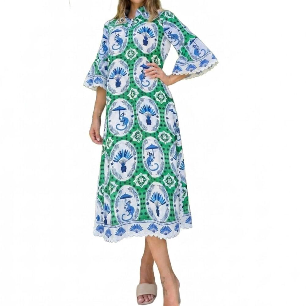 IslaPayal Linen Como Midi Shift Dress Monkey Chinoiserie Jade Resortwear Sz XL